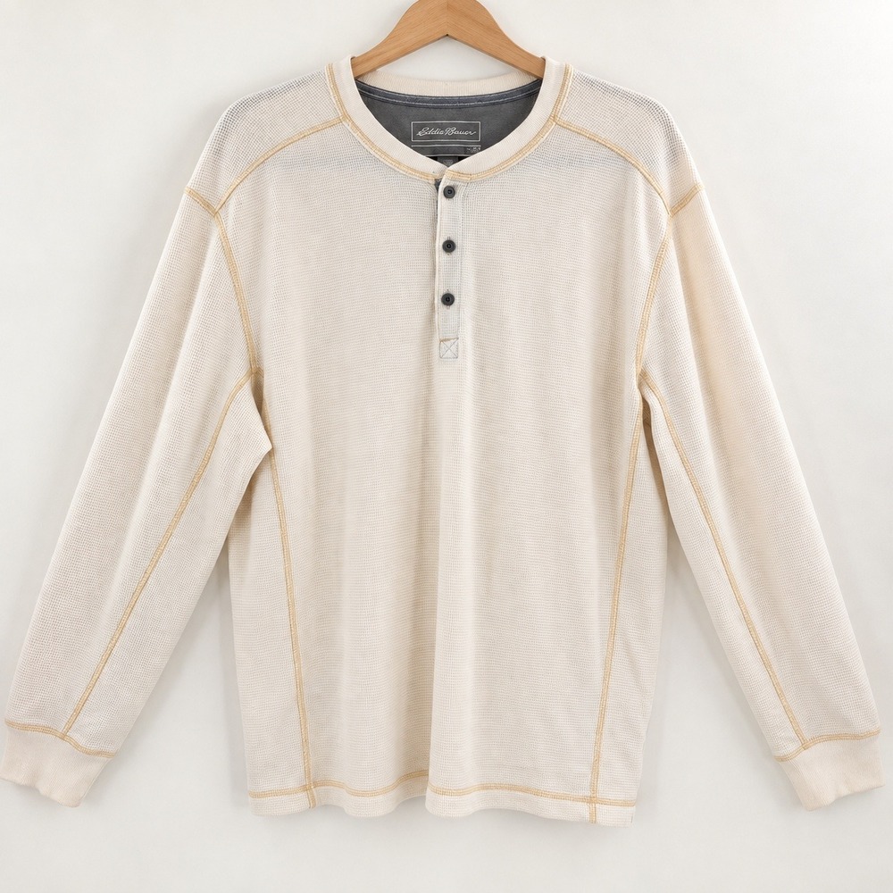 Eddie Bauer Gorpcore Waffle Knit Henley Mens XL Cream Outdoorsy Cabin Rugged